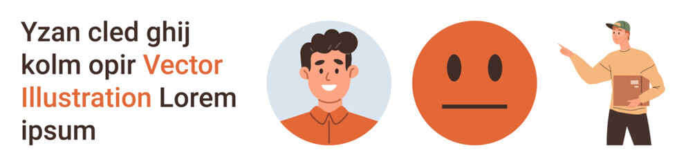 Fototapeta premium Communication, expression, design, education, social interaction, facial recognition. A smiling character, neutral emoticon and text with a person pointing. Communication and expression concept