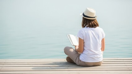 A woman sits reading a book on a wooden dock by the sea