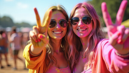 Two young women smiling making peace signs with colorful powder covered hands, faces and hair dusted in vibrant holi colors, holi festival, friendship