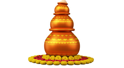 Traditional copper Kalash on marigold flower rangoli for Hindu puja and Diwali festival