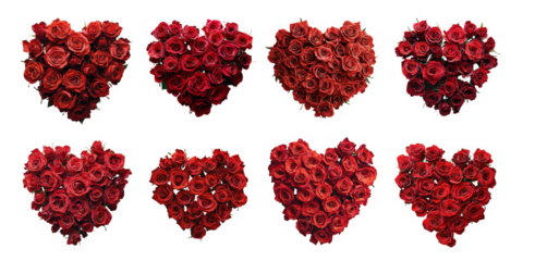 A collection of eight heart shaped arrangements composed of vibrant red roses ideal for designs on transparent background