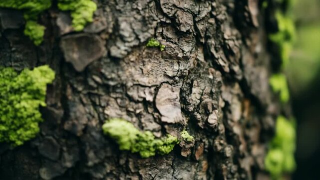 Close up of tree bark with vibrant green moss textured nature image