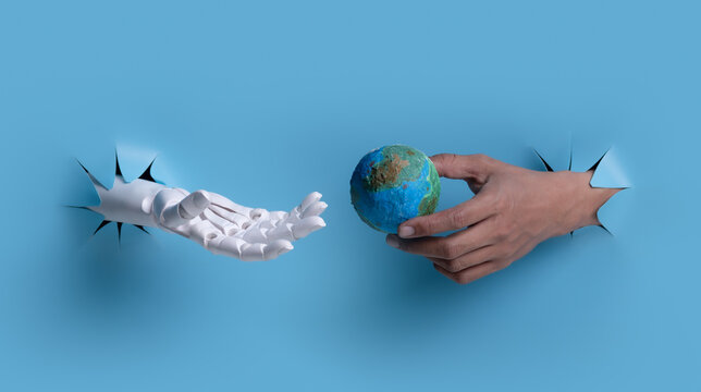 Transfer of Responsibility: Human Hand Giving Globe to AI for World Management