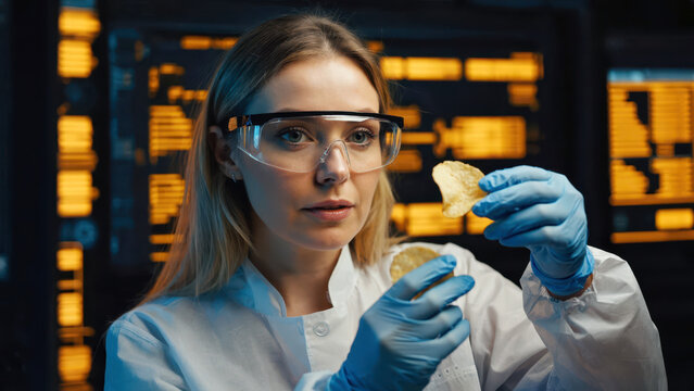 A woman in a lab coat tests the crispness of potato chips by squeezing them between her fingers. She wears a hairnet and gloves in a lab filled with monitors and sample trays - Powered by Adobe
