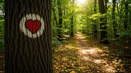 A woodland path leads toward the light marked with a heart on a tree