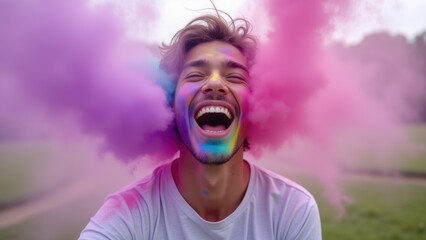 Young person laughing with eyes closed as multicolored holi powder explodes around face in pink purple smoke cloud outdoors, concept of holi festival