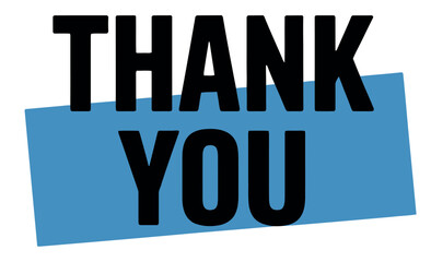 Obraz premium Bold black text spelling thank you appears on a bright blue, slightly skewed.