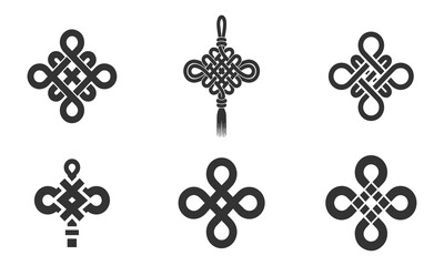 Collection of Ornamental Chinese and Oriental Knot Icons Representing Luck and Longevity