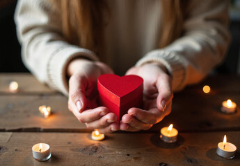 Warm intimate stock photo of hands holding a red heart shaped gift box on a rustic wooden table lit by flickering candles.