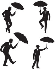 Man Silhouette Holding Umbrella Set Isolated on White - Elegant Gentleman Silhouette with Umbrella Vector Collection