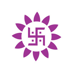 Purple Floral Mandala Pattern with Central Swastika Symbol for Auspicious Decoration