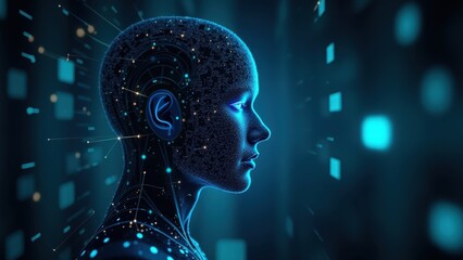 Obraz premium Futuristic digital human face profile made of glowing particles and circuit patterns, blue neon artificial intelligence visualization on dark tech background