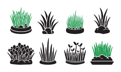 Collection of Grass and Seedling Growth Icons for Gardening and Environment, Green Sprout and Plant Silhouettes in Pots and Soil