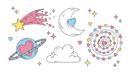 Celestial Love: A charming array of cosmic elements, featuring a shooting star, crescent moon, planet, cloud, and heart-shaped adornments, creates a dreamy and affectionate atmosphere.