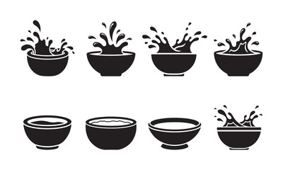 Dynamic Liquid Splash in Bowl Silhouettes, Set of Water or Soup Splashing in Ceramic Bowls for Kitchen and Cooking Graphic Design