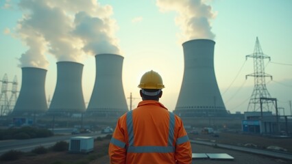 Engineer in yellow hard hat and safety uniform overlooking nuclear power plant with cooling towers emitting steam on clear day