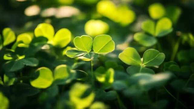 Close up of vibrant green clover leaves illuminated by soft sunlight