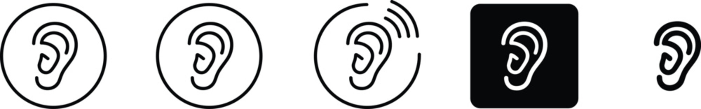 Human ear icon set featuring various line art and silhouette styles for hearing, audiology, and sensory perception concepts.