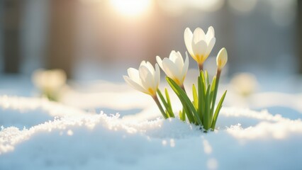 White crocus flowers emerging through pristine snow layer, delicate yellow centers in soft natural light with blurred winter background, concept of early spring