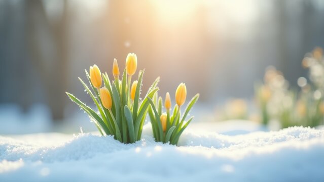Yellow tulip buds emerging through sparkling snow, glowing in soft golden sunlight against blurred winter forest background, concept of early spring