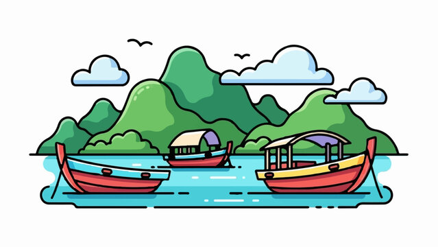 Three colorful boats drift on turquoise water amidst lush green islands under a bright sky with clouds and birds