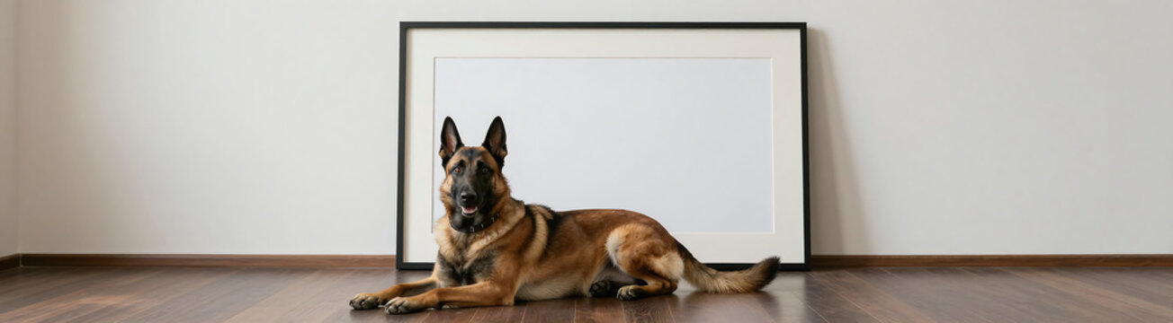 belgian malinois lies dark wood floor surrounded minimalism expansive empty art frame adjacent wall soft natural