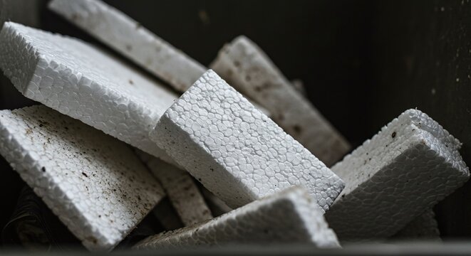 Large blocks of styrofoam inside a garbage container, highlighting the concept of waste.