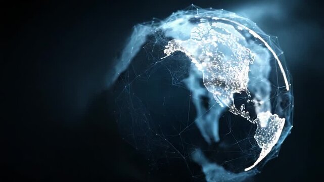 Visual Representation of Earth's Globe with Data Networks Illuminating Detailed Geographic Information and Connectivity in a Futuristic Style