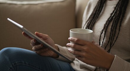 Hands hold a digital tablet and a cup of coffee, highlighting the concept of a modern, relaxed work environment.Concept of digital technology and business productivity.