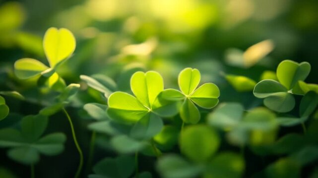 Close up of vibrant green clover leaves in natural sunlight