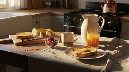 Delicious breakfast setup on kitchen table