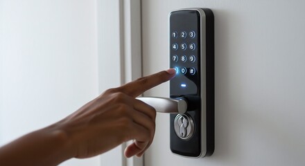 A person enters a code on the digital keypad of a smart lock to gain keyless entry. Concept of a digital home security system.
