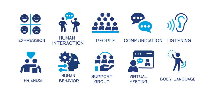 Human interaction icon set. Communication, people, connection, friends, chat, bonding, socializing, group, relationship and more. Solid vector icons collection.