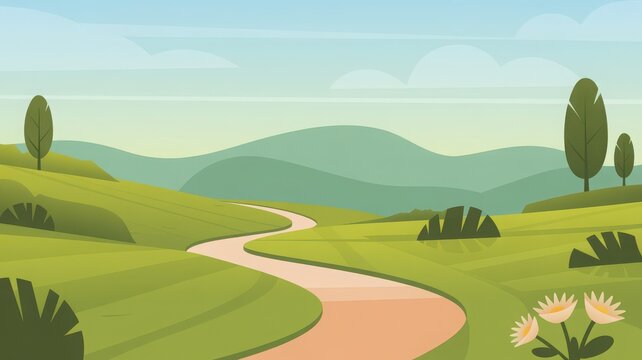 Serene Green Valley Vector Illustration with Winding Path, Hills, and Trees - Powered by Adobe