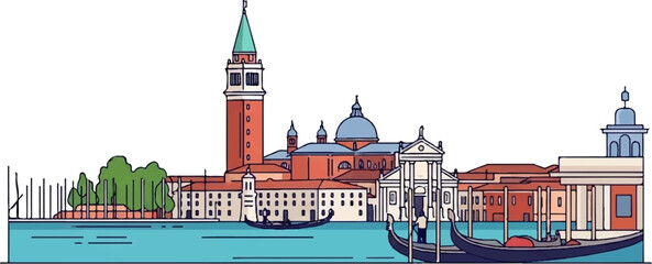 Stylized canal cityscape with gondolas and a bell tower © Kesa