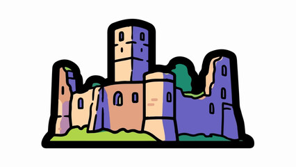 Fototapeta premium Stylized illustration of a crumbling stone castle with purple, peach, and green colors