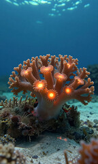 Obraz premium cluster glowing coral mushrooms illuminate dark blue ocean floor vibrant orange bioluminescent centers suspended soft