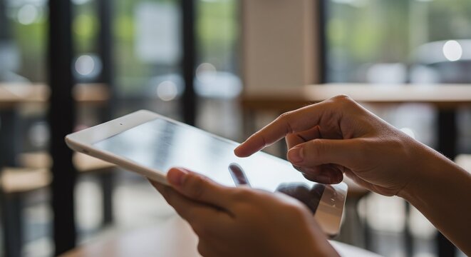 Hands using a tablet to interact with a digital application, representing modern communication and technology.Concept of digital technology and personal productivity. - Powered by Adobe