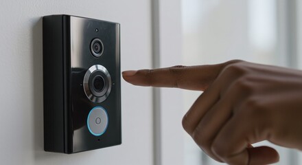 Professional using a futuristic biometric fingerprint scanner for secure access control in a modern building.Concept of home security and smart technology.