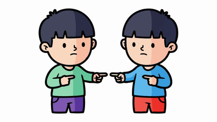 Two cartoon boys pointing fingers at each other, with confused expressions