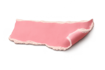 Pink torn paper scrap piece with ripped edges and curled corner representing message or note element, transparent background