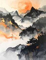 Misty Mountain Landscape with Orange Sunset.