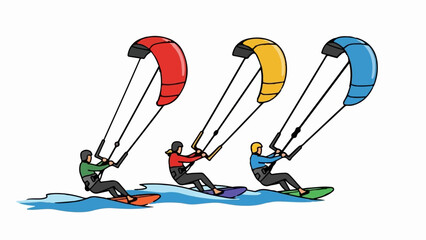 Three people on boards, kitesurfing in blue water © Rani