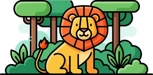 Stylized lion with mane sits in a lush green forest with tall trees © Monik