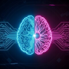 Futuristic Brain with Neon Circuits &ndash; AI & Human Intelligence Fusion Art