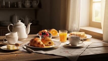 Obraz premium Delicious breakfast spread on wooden table near window