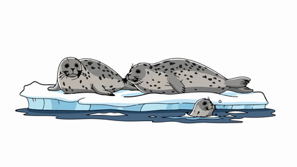 Three seals resting and swimming on an ice floe in blue water © Rani