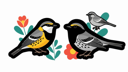 Three stylized birds, two large and one small, depicted with colorful flowers and green leaves on white © Rani