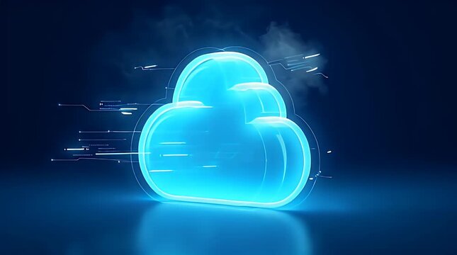 Luxury abstract cloud computing object made of smooth glass and soft neon glow, floating in dark space, minimal corporate style, premium tech illustration, object-only, high-end render