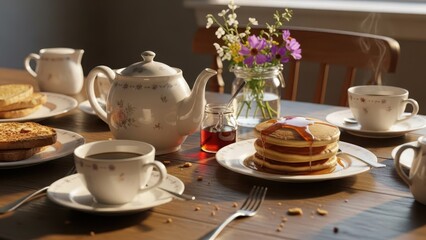 Fototapeta premium Delicious breakfast with pancakes and tea on wooden table